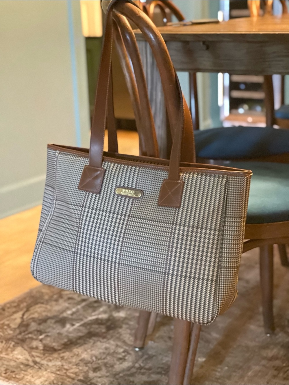 Polo by Ralph Lauren Brown Leather-Trim Houndstooth Tote - Picture 13 of 14